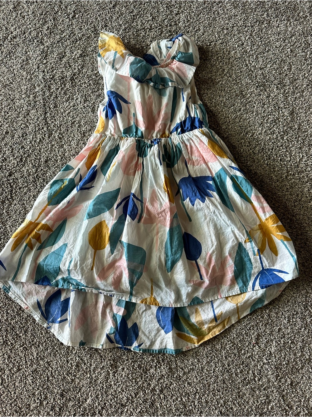 Tea Collection White Dress with Blue, Pink & Mustard Leaf Print